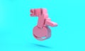 Pink Auction hammer icon isolated on turquoise blue background. Gavel - hammer of judge or auctioneer. Bidding process