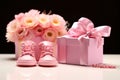 Pink baby boots and pacifier make charming gifts on a blank postcard