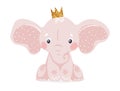 Pink baby elephant wearing a crown, nursery character, cute animal in flat cartoon style isolated on white background. Royalty Free Stock Photo