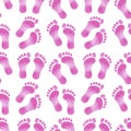 Pink baby girl abstract footprint, watercolor hand drawn seamless pattern