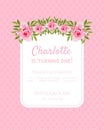 Pink Baby Girl Birthday Invitation Card is Turning One with Flowers and Text, Vector Vector Illustration