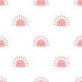 Pink baby girl pattern. Girl pink smiling sun with face background. Pink baby sun seamless design. Baby sun pattern