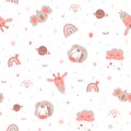 Pink baby girl pattern. Pink baby print with cute animals, stars, planets, rainbow textile design. Sleeping koala, zebra