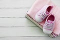Pink baby girl shoes and newborn clothes. Motherhood, education or pregnancy concept with copy space. flat lay Royalty Free Stock Photo