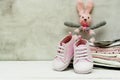 Pink baby girl shoes, newborn clothes and soft toys. Motherhood, education or pregnancy concept with copy space. Greeting card Royalty Free Stock Photo