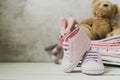 Pink baby girl shoes, newborn clothes and soft toys. Motherhood, education or pregnancy concept with copy space Royalty Free Stock Photo