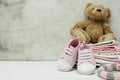 Pink baby girl shoes, newborn clothes and soft toys. Motherhood, education or pregnancy concept with copy space. Greeting card Royalty Free Stock Photo