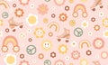 Pink baby groovy seamless pattern. Gentle retro 70s cartoon repeat background. Vector nursery print Royalty Free Stock Photo
