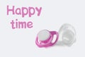 Pink baby`s pacifier isolated on white background with the inscription happy time. Copy space Royalty Free Stock Photo
