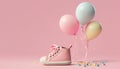 Pink baby shoes with colorful balloon on pink background with space for tex. minimal hollyday concept, Generative Ai