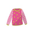 Pink baby sweater in green polka-dot. Cute warm pullover with striped sleeves. Children s apparel. Clothing for toddler Royalty Free Stock Photo