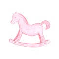 Pink baby wooden horse. Watercolor illustration