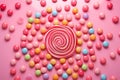 Pink background adorned with sweet lollipop and candy, tempting treats