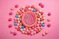 Pink background adorned with sweet lollipop and candy, tempting treats