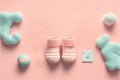 Pink background. Baby shower. Top view. Generative AI Royalty Free Stock Photo