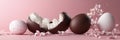 A pink background with a banner showing Easter-painted eggs emerging from a broken chocolate eggshell Royalty Free Stock Photo