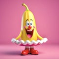 on a pink background, a cartoon cheerful banana in red shoes and a white skirt, April Fool's Day