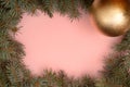 Pink background with and Christmas tree branches and golden ball