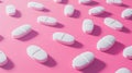A pink background is covered with white pills scattered around. The pills are related to a pharmacy or medical