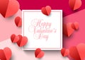 Pink background with 3D paper red hearts and Happy Valentines Day handwritten text in square frame. Vector banner, flyer, poster,