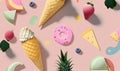 a pink background with donuts, doughnuts, and pineapples