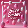 Pink Easter Eggs with White Dots and Stripes Floating on a Pink Background with Happy Easter Text Royalty Free Stock Photo
