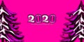 2020 pink background with fluffy numbers and christmas trees. New Year, Christmas, winter theme. Picture for the design of postcar