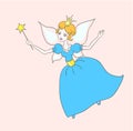 Pink background with a flying fairy in the blue dress