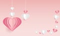 Pink background with flying hearts and glitter. Paper art Vector illustration. Paper cutout and handmade style. Love, friends,