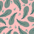 Pink background green pastel feathers flat design seamless pattern Royalty Free Stock Photo