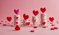 A pink background with a group of hearts and marshmallows on a pink table. Royalty Free Stock Photo