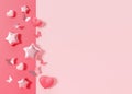 Pink background with hearts, butterflies, stars and copy space. It's a girl backdrop with empty space for text. Baby