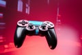 Pink background highlights black joystick with floating blue buttons