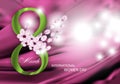 Pink Background for Holiday March 8 International Women`s Day with flowers, petals and green Digit eight. Vector Royalty Free Stock Photo