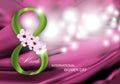 Pink Background for Holiday March 8 International Women`s Day with green Digit eight and flowers. Vector Royalty Free Stock Photo