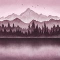 Pink background with the image of the forest, sea and mountains. illustration for use in design. Royalty Free Stock Photo