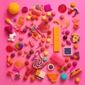 A pink background with a lot of candy and candies. Generative AI image. Royalty Free Stock Photo