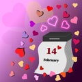 On a pink background, many multi-colored hearts and an old tear-off calendar with the inscription \