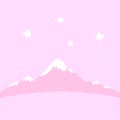 Pink background with mountain peaks and starry sky. Pink ridges of mountains. Shining stars over snowy peaks. Square