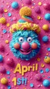 On a pink background with multicolored balloons, the blue face of a smiling clown with inscription April 1st