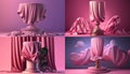 pink background with pedestal and flying silk cloth . Ai generative