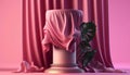 pink background with pedestal and flying silk cloth . Ai generative