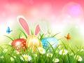 Pink Background with Rabbit and Easter Eggs in Grass Royalty Free Stock Photo