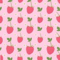 Pink background raspberry fruit white flowers and le