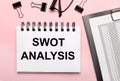 On a pink background, reports, black paper clips, glasses and a white notebook with the text SWOT ANALYSIS Royalty Free Stock Photo