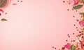 Pink background with spice border, copy space. Spices, petals, leaves frame empty center Royalty Free Stock Photo