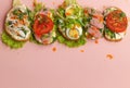 On a pink background at the top of the photo are cold sandwiches with meat and vegetables in garlic sauce with lettuce leaves and Royalty Free Stock Photo