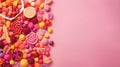 a pink background with a variety of candy and candies Royalty Free Stock Photo