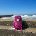 Pink backpack with scallop shell symbol of pilgrim at concrete wall with ocean with huge white waves and blue sky on background