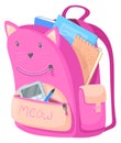 Pink backpack. School kitty bag with kid supplies